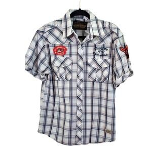 Red Snap‎ Jeans Co Plaid Shirt Mens M Garage Y2K Short Sleeve Button Down Retro